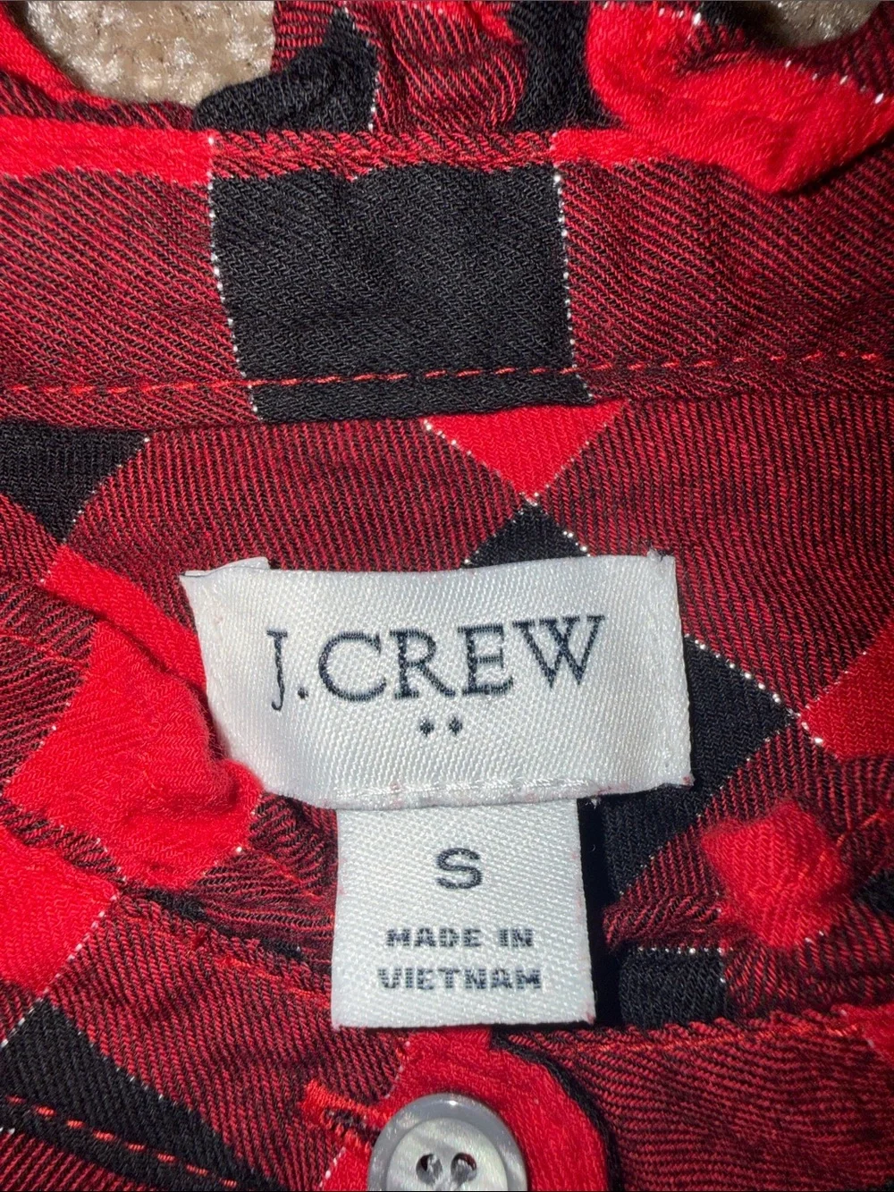 J. Crew Red and Black Plaid Button-Front Metallic Blouse  Small